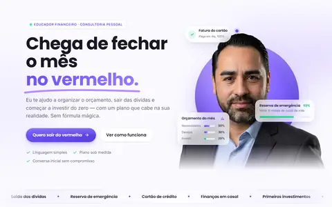 Capa de uma página para educação financeira, com título, botões e foto