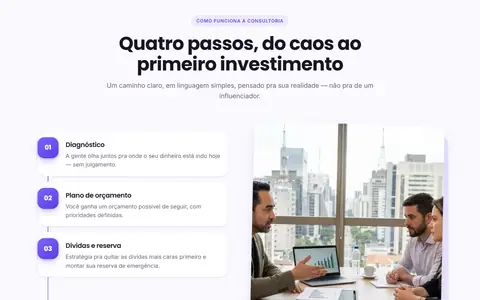 Seção com passo a passo de uma página para educação financeira